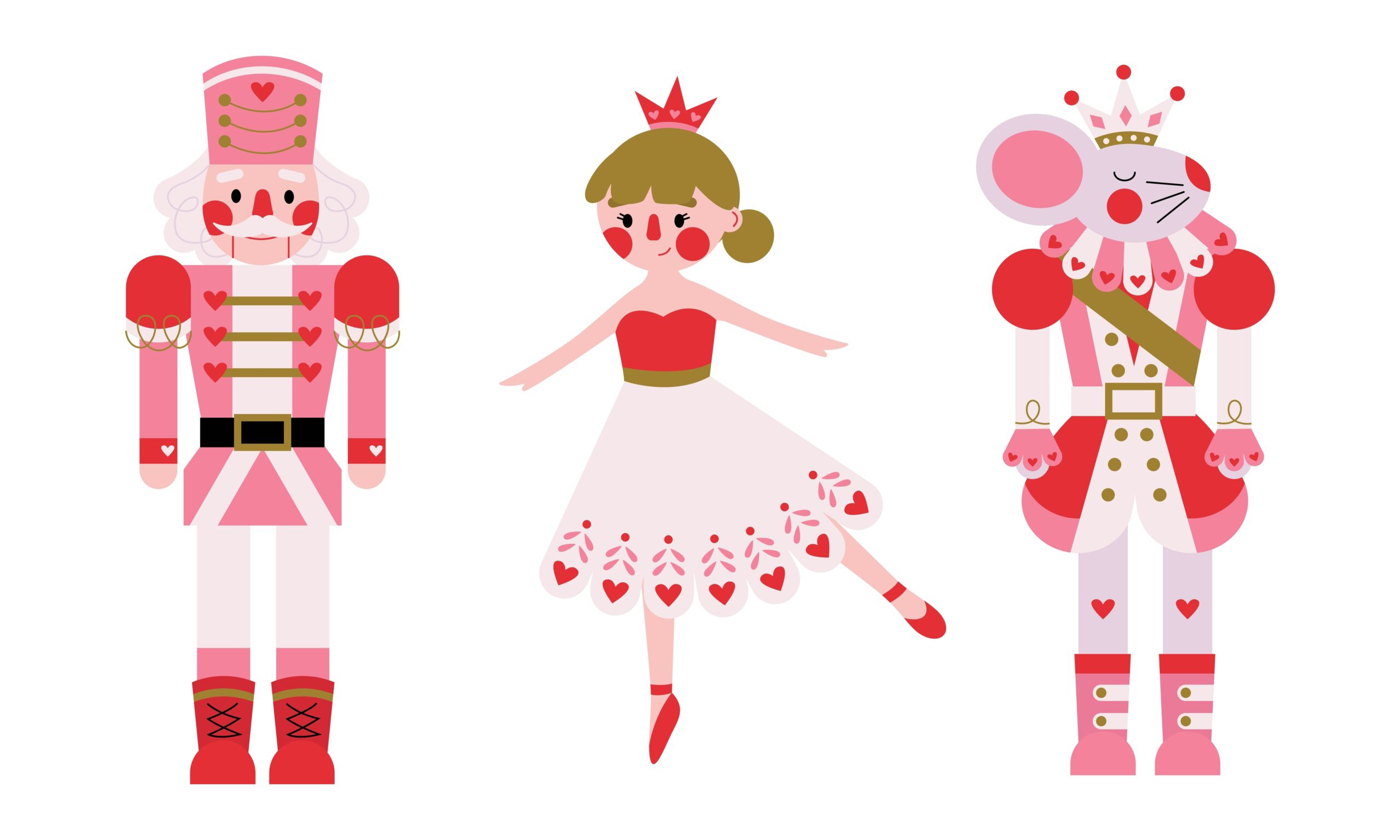 Illustration of the Nutcracker, Sugarplum fairy, and Mouse King from The Nutcracker
