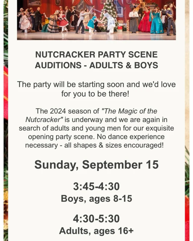 🌟OPEN AUDITIONS🌟

The Magic of the Nutcracker is performed annually in Lake County at Libertyville HS & The Genesee Theatre for over 6,000 guests.  This is our 36th season. Come join the party!  Audition forms available at https://conta.cc/3yFYCNC